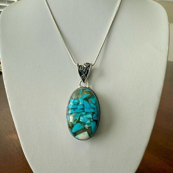 Blue Copper Turquoise Gemstone Handmade Silver Jewelry Oval Pendant Necklace - Picture 2 of 4